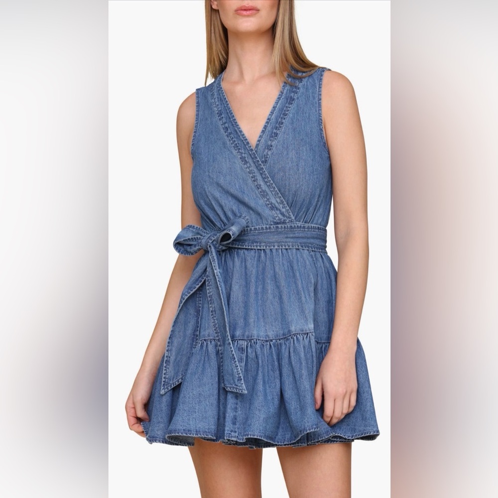 Avec Les Filles Blue Denim Tie Waist Wrap‎ Mini Dress - Picture 3 of 9